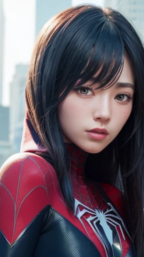 (gyeongsan:1.5), close up, masterpiece, best quality, raw photo, photorealistic, face, incredibly absurdres, beautiful girl, cute, short hair, depth of field, highres, ultra-detailed, finely detail, extremely detailed, extremely detailed eyes and face, sharp pupils, realistic pupils, sharp focus, ccinematic lighting spider - man and the sinister spider - woman, spider - gwen, spider-gwen, ( ( spiderwoman ) ), spider woman, spiderverse, spider - verse art style, gwen stacy, textless, spider gwen, miles morales, into the spider verse, into the spiderverse, artgerm and ilya kuvshinov, marvelous, spiderwoman!!A girl with long black hair that wavy on the bottom, wearing a purple and black spiderman outfit with a purple hoodie and four piercings in each ear.