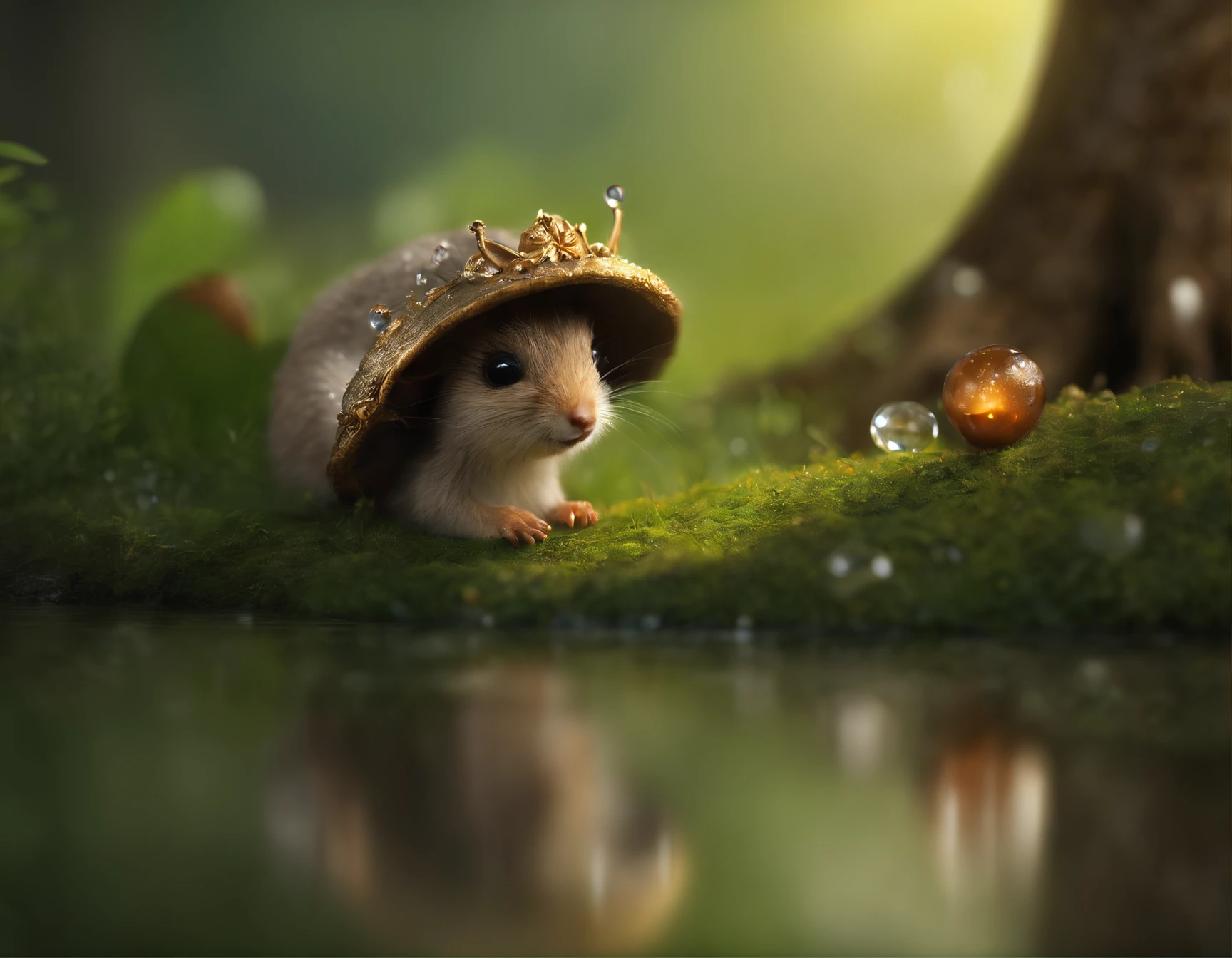 真实感, Realism, Close up of cute tiny fireflies around a huge oak tree, Morning lighting, dew, illuminate the bush, a detailed painting, cgsociety, Detailed painting, artstation hd, high detail, cgsociety, photo realism, Concept art, artstation hd, official arts, bokeh ,真实感, Realism, Cute alien creatures, look like hobbits,Tiny creatures, Furry, silver wool, big eyes, large ears, acorn hat on head, stands under the crown of an oak tree by the water, touches water with fingers, acorns lie nearby, Raindrops, Sverchkov,