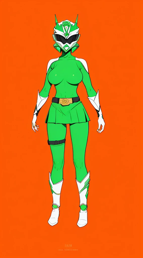 top-quality, Top image quality, ​masterpiece,  character sheet, Full body, full of details, multiple poses, highly detailed, depth, many parts, one girl, solo, Standing, backgroun ruin temple, front view,body facing forward, power ranger, Ranger green, Headgear Helmet Green Power Ranger, no hair out, Green Mask cover face, Covering all face, mini skirt, big boob