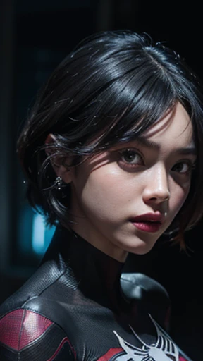 (gyeongsan:1.5), close up, masterpiece, best quality, raw photo, photorealistic, face, incredibly absurdres, beautiful girl, cute, short hair, depth of field, highres, ultra-detailed, finely detail, extremely detailed, extremely detailed eyes and face, sharp pupils, realistic pupils, sharp focus, ccinematic lighting spider - man and the sinister spider - woman, spider - gwen, spider-gwen, ( ( spiderwoman ) ), spider woman, spiderverse, spider - verse art style, gwen stacy, textless, spider gwen, miles morales, into the spider verse, into the spiderverse, artgerm and ilya kuvshinov, marvelous, spiderwoman!!A girl with long black hair that wavy on the bottom, wearing a purple and black spiderman outfit with a purple hoodie and four piercings in each ear.