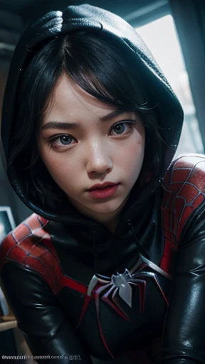 (gyeongsan:1.5), close up, masterpiece, best quality, raw photo, photorealistic, face, incredibly absurdres, beautiful girl, cute, short hair, depth of field, highres, ultra-detailed, finely detail, extremely detailed, extremely detailed eyes and face, sharp pupils, realistic pupils, sharp focus, ccinematic lighting spider - man and the sinister spider - woman, spider - gwen, spider-gwen, ( ( spiderwoman ) ), spider woman, spiderverse, spider - verse art style, gwen stacy, textless, spider gwen, miles morales, into the spider verse, into the spiderverse, artgerm and ilya kuvshinov, marvelous, spiderwoman!!A  girl with long black hair that  wavy on the bottom, wearing a purple and black spiderman outfit with a purple hoodie and four piercings in each ear.