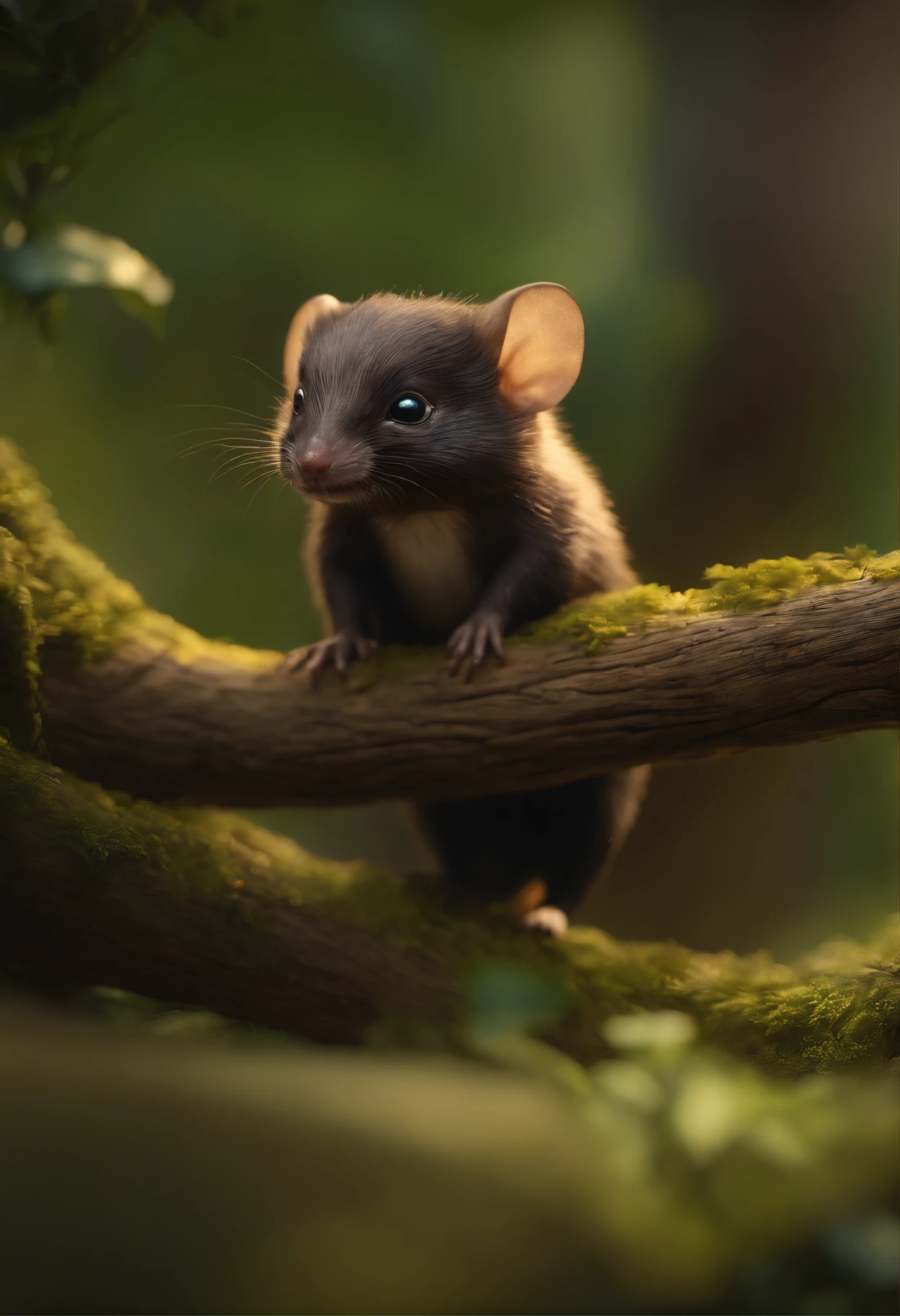 真实感, Realism, Close up of cute tiny fireflies around a huge oak tree, Morning lighting, dew, illuminate the bush, a detailed painting, cgsociety, Detailed painting, artstation hd, high detail, cgsociety, photo realism, Concept art, artstation hd, official arts, bokeh   ,Cute alien creatures, similar to gremlins, look like moles, (CBZBB:1.25), ((gremlin),Zhkute, Small, baby, Beautiful, Fantasy art, deviant art, trending artstation, Digital Art, Detailed, Realistic, humanoid, character, tiny, Cinematic shot, cinematic portrait of a mole