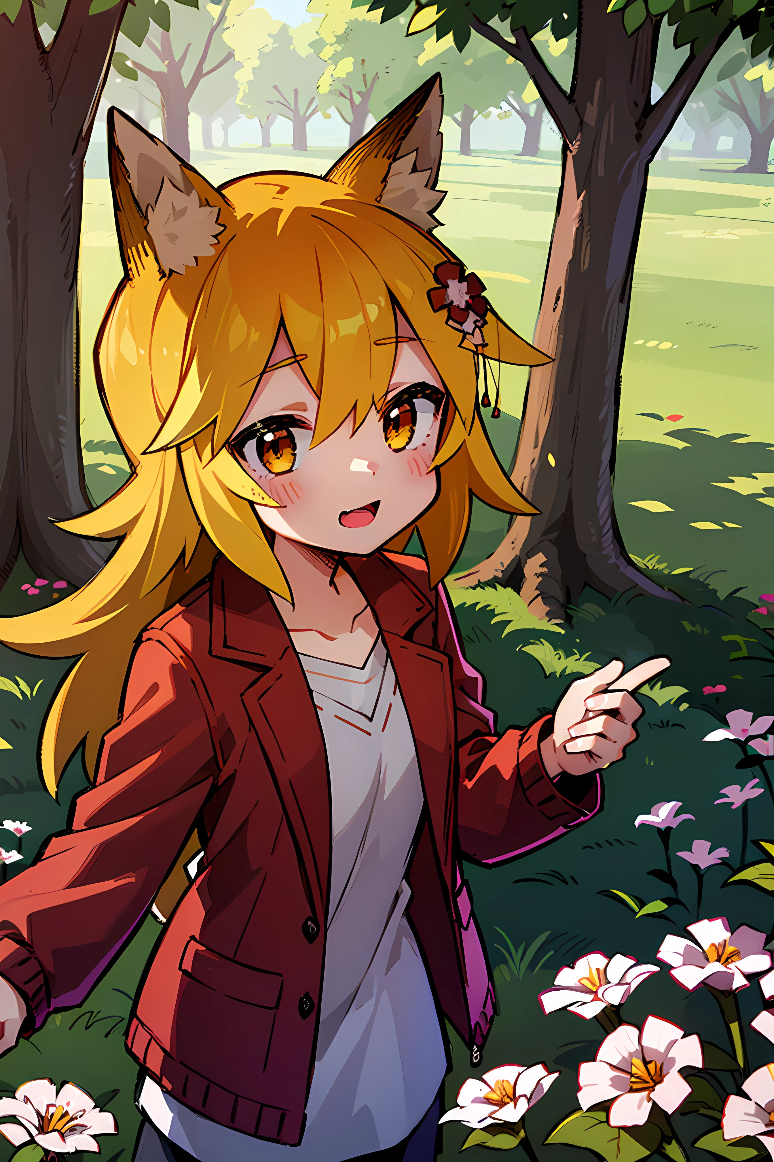 A girl, Fox ears, 4K Image, flowers of different colors, field, Beautiful trees, Maximum details, America