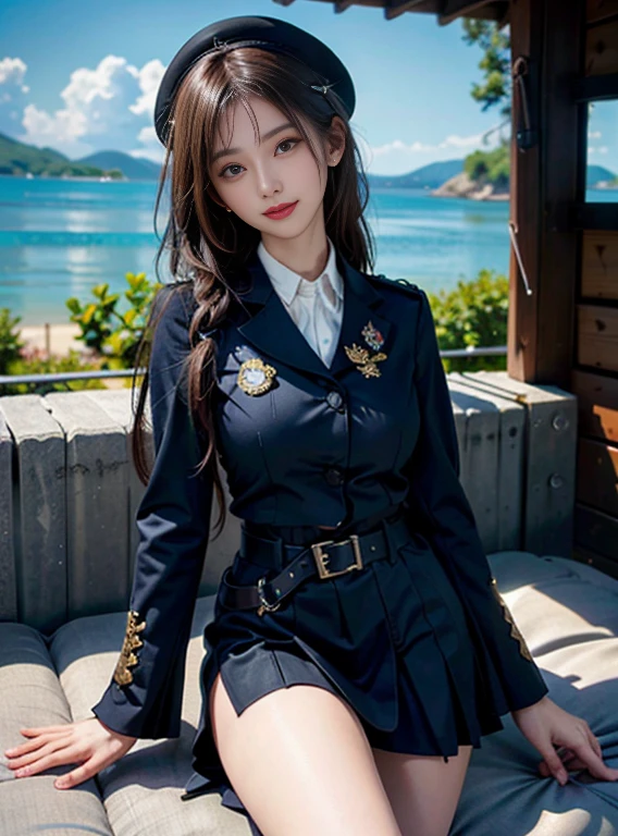 Solo, (masutepiece), (((Best Quality))), ((Detailed face)), (Perfect face), (Detailed eyes), (Beautiful eyes), awardwinning, (4K), unbelievable Ridiculous, (absurderes), (hight resolution), (sharp), Highly detailed ajc, 8K_Wallpaper, ((Ultra-detailed))), (Illustration), nffsw, Wallpaper, ((nffsw)), ((High quality)), ((hight resolution)), (((Extremely detailed))), (Upper body), Very long hair, aqua hair, Bangs, french braids, Hair intake, Blue eyes, Large breasts, Curve, lower back, thighs thighs thighs thighs, Military uniform, White skirt, epaulets, buttoning, Belt bag, medal, White Gloves, Sword, Jacket, jacket on shoulders, high-heels, hat, warships, Water, Outdoors, ocean, Head tilt, Smile, POV, Looking at Viewer,