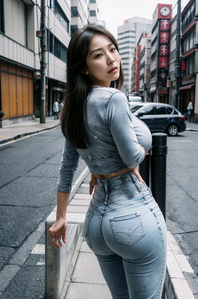 (((72 year old Japanese woman))), ((Sagging under the eyes)),(((nasolabial folds))),masutepiece, Best Quality, Photorealsitic, super detailed skin, Sharpen, Perfect Anatomy, Anatomy,独奏,Longhaire,((old body)), (((Sagging udder))), (thick waist),(flabby body)(,Plump body),(((Sagging two-tiered buttocks))),Serious look,Mature AV Actress, glamor, A sexy,(((Fair skin with many wrinkles))), erect through,a necklace,White high heels,white t-shirts,(((tight fitting jeans))), Staring at this,