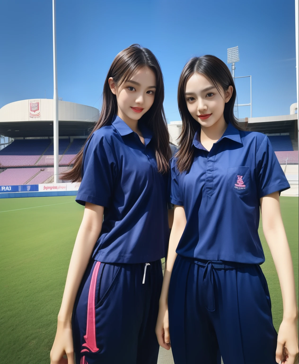 (bestquality,10,10,highres,masterpiece:1.2),ultra-detail,(Realistic,photorealistic portrait,photo-realistic:1.37),1 Cute girl in the football field,oily shiny skin,bara,light smile,BDclothes,((blue shirt:1.3)),short sleeves,shirt, trousers.,(navy_long_Pants Track:1.1), ((Stadium Background:1.3)),dynamic angle,excited,face focus,Dynamic Poses,from behide,Ass Focus,masterpiece, bestquality, ultra realistic, hyper-detail, 8k resolution, RAW photo, crisp focus, ((Navy blue shirt:1.1)), short sleeves, Long Path, Perfect body, 2 mature women, 18yo, cinematic light,Blue sweatpants,Gymware,Correct anatomy,Complete body, Correct body, sharp face, Anatomically correct body, full entire body, Realistic gestures, long-haired, Realistic poses,Wear long shorts............................,Long leg span,Shapely,Sculpting Girl, Slender Figure, mannequin mannequins, Shapely, Beautiful body,Blue sweatpants, Two girls kissing