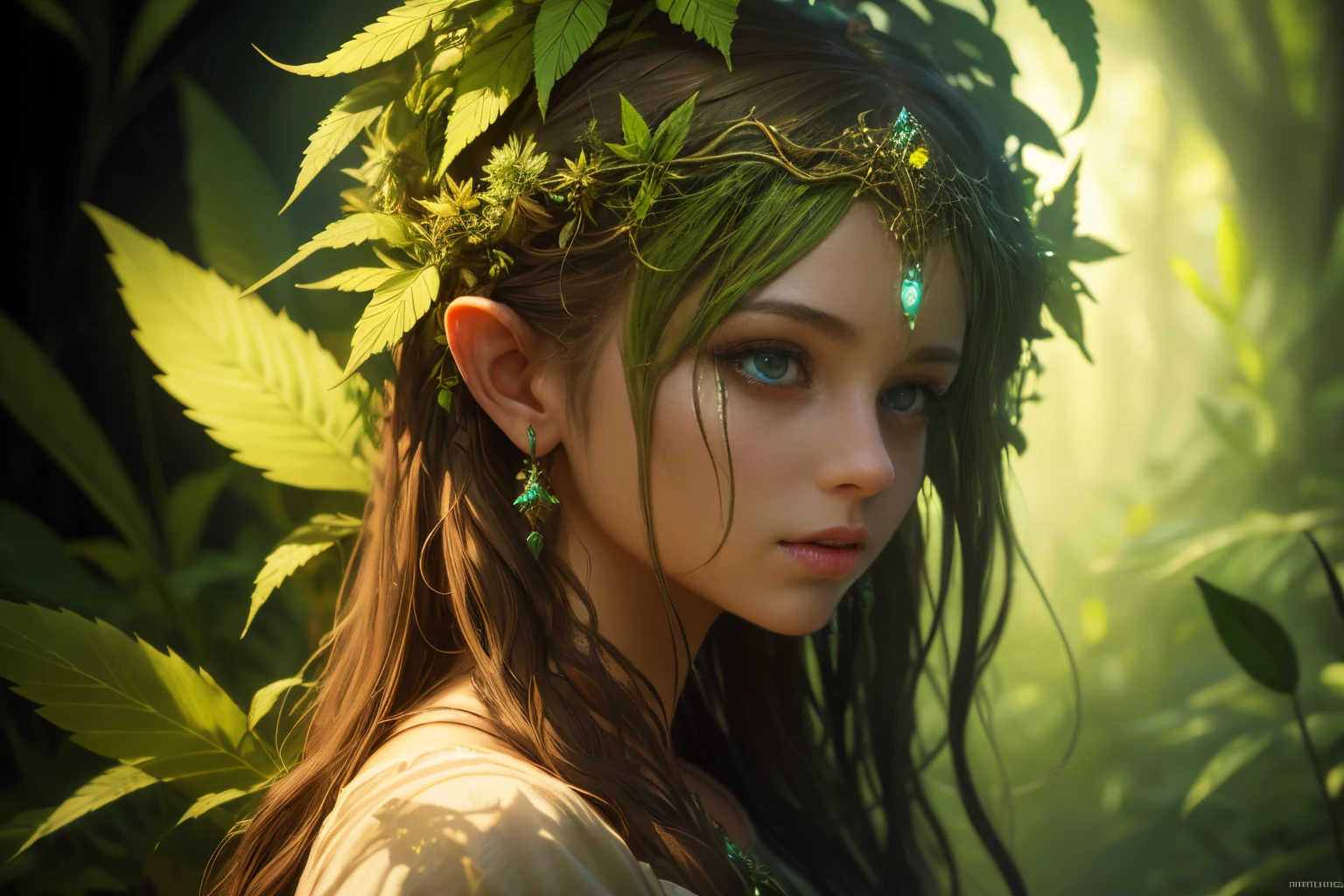 masterpiece, 
best quality, ultra-detailed, photorealistic, 
girl made of weed and plants, goddess of dryad, fantasy character, concept art, volumetric neon lights, intricate details, 
depth of field, 
professional lighting,