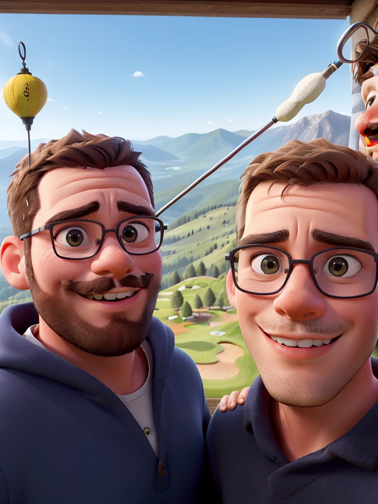 Two young men aged 25 and 26 in a mountain golf course have a mountain golf course in the Arrière plan. A man's porte des lunettes de soleil Avec a légère mustache. The other one is a little barbu