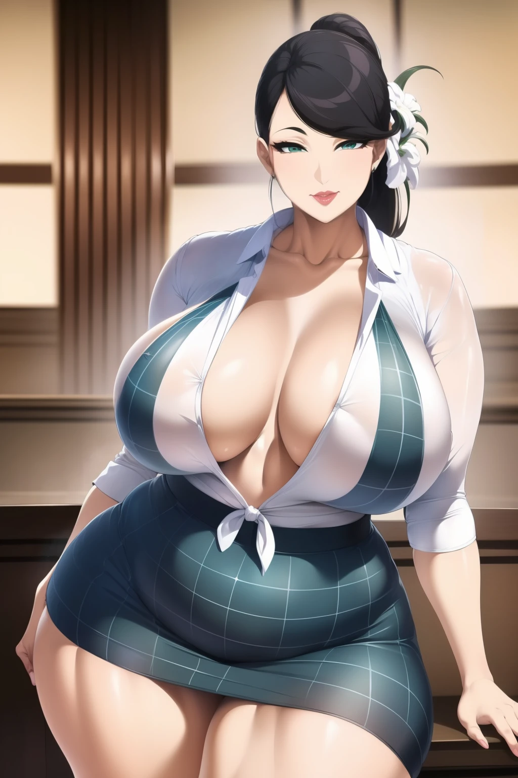 Best Quality, Solo, huge-breasted, gargantuan butt, very curvy, Tanned skin, Stylized high ponytail, Green eyes on pears, Full lips, Seductive, sly smile, Exposed white button-up, Loosen your tie, Pair Green Plaid Skirt, Hair ribbons, thick thighs, Curvaceous physique