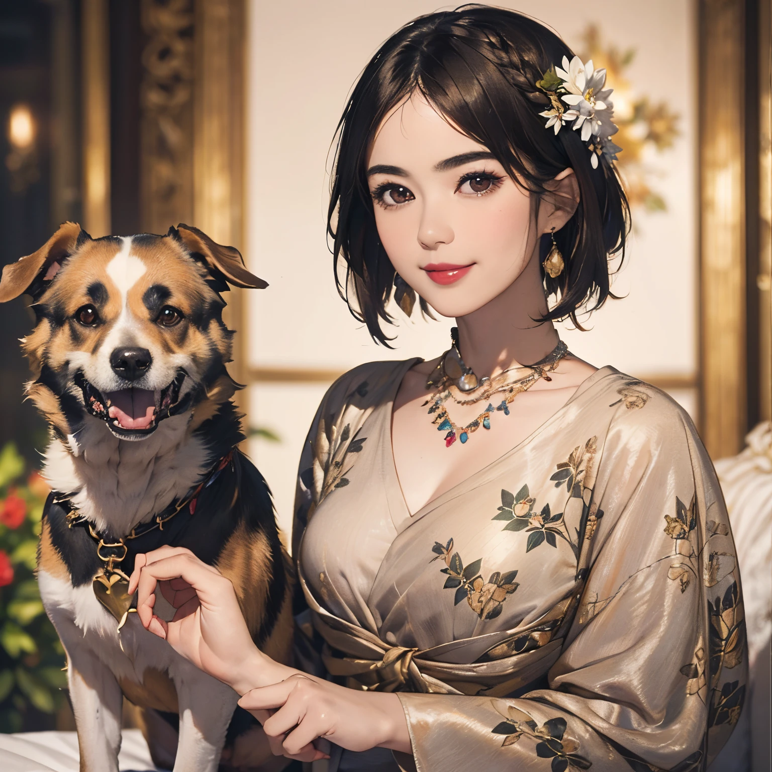 125
(a 20 yo woman,Art Works), (A hyper-realistic), (high-level image quality), ((beautiful hairstyle 46)), ((short-hair:1.46)), (Gentle smile), (breasted:1.1), (lipsticks), (florals), (Luxurious room), (Depth of field is deep), (a Dog:1.46)