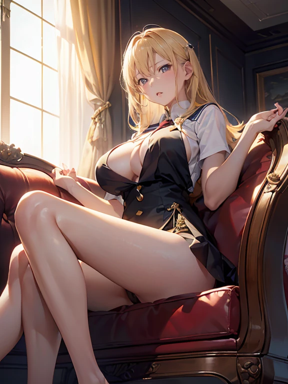(((Sitting on a sofa in the lobby of a luxury hotel, legs wide open))), extremely detailed CG unified 8k wallpaper, (top-quality,High resolution,(Ultra high definition,4K), (超A high resolution,in 8K),masutepiece:1.2), (Perfect Anatomy,Anatomically accurate), (Angle from below), (Girls' High School Sailor Uniform), (Soft lighting, 光线追踪),(1 beautiful woman), High-definition beauty face, high-definition picture, See-through panties, (Crisp double eyelids), (Seductive look), (Large breasts:1.3), (Soft skin), (Photorealistic), (Glowing skin), (colourful hair), (blondehair)