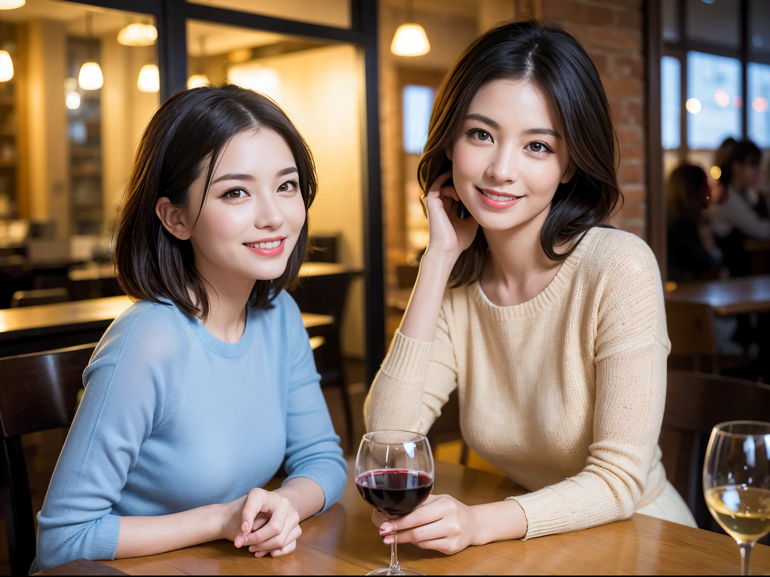 (64k uhd、nffsw、top-quality、​masterpiece:1.2)、(realisitic、Photorealsitic:1.37)、ultra-detailliert、wine glasses、enjoying a glass of wine、a matural female、Two pretty women、(Slim Faces)、(Slim body)、（brawn hair）、(short-cut)、smiling french woman、happy italian girl、British woman、Americana、blush a little on the cheeks、(38 years)、42 year old、red wine、Beautiful detailed urban night view outside the window、resturant、Wine glasses in a prominent place、natta、(from waist up)、sitting on、date、(A smile:1.15)、Beautiful fine eyes、bustup、Cashmere sweater、long-sleeved dresses、japanes、(short-hair:1.2)、Float NovaFrogStyle、女優、modeled、from waist up、white wine、Slimed、wine glasses、Super beautiful night view、Put the wine glass in the middle、Happy smile、(8K、Raw photography、top-quality、​masterpiece:1.2)、(realisitic、Photorealsitic:1.37)、ultra-detailliert、超A high resolution、2 females、see the beholder、beautifull detailed face、A smile、Constriction、(Slim waist) :1.3)、knit shirt、Beautiful detailed skin、Skin Texture、floated hair、profetional lighting、middlebreasts、eyes gentle