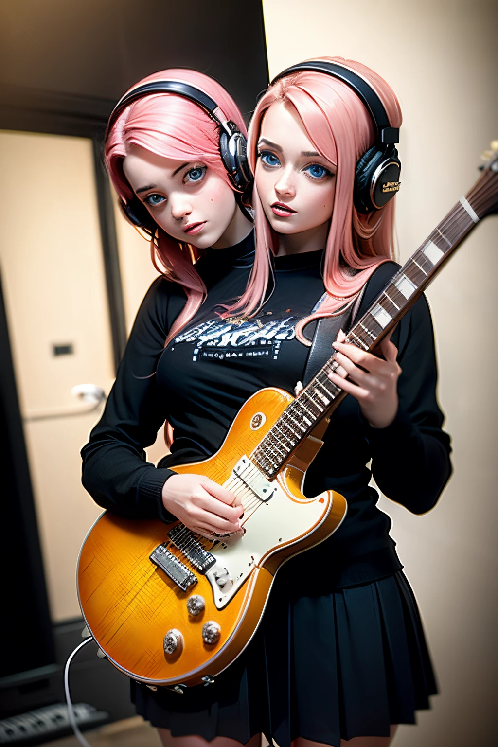 (masterpiece, best quality), best resolution, (2heads:1.5), (Two heads), 1girl, conjoined, solo, black skirt, blue eyes, electric guitar, guitar, headphones, holding, holding plectrum, instrument, long hair, , music, one side up, pink hair, playing guiter, pleated skirt, black shirt, indoors