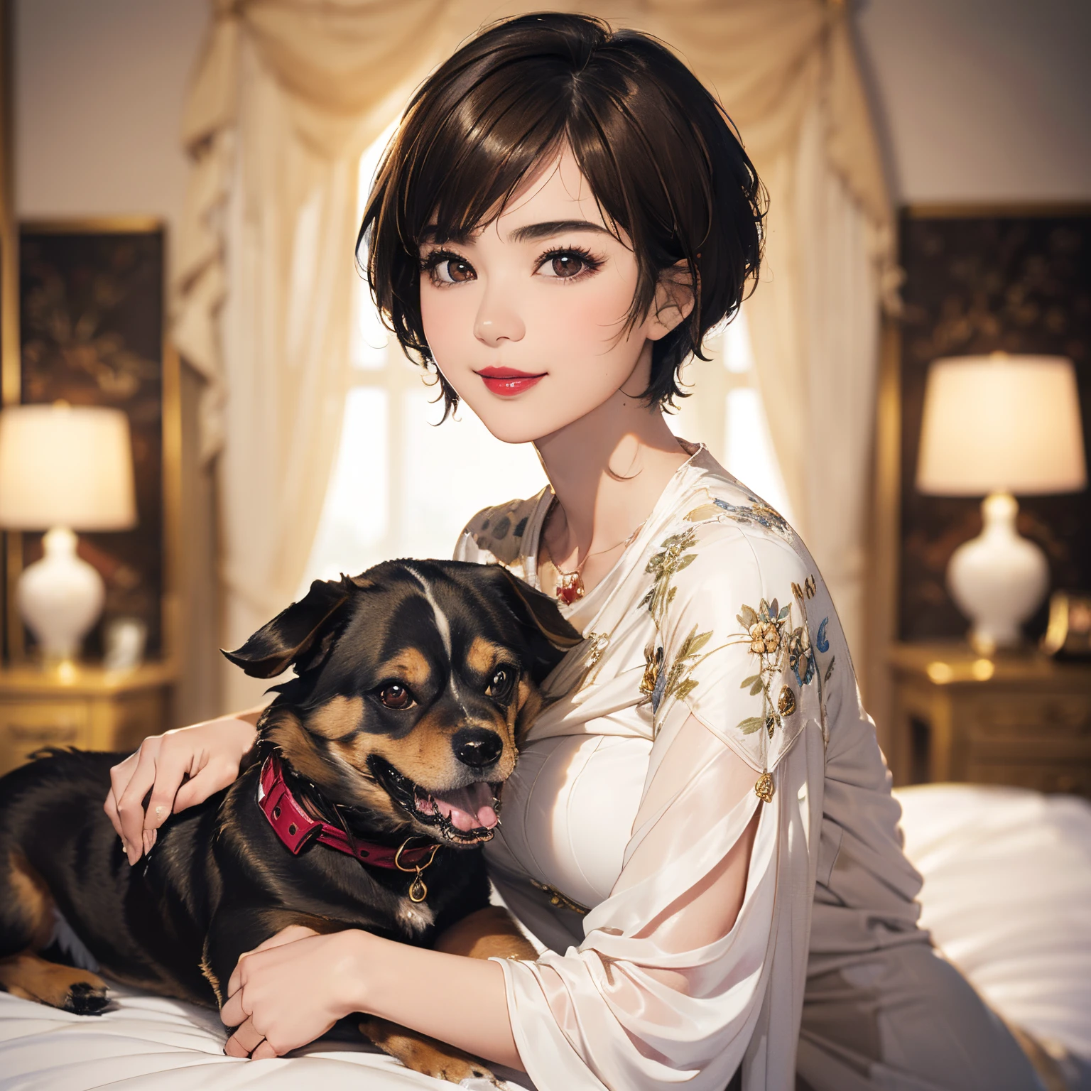 125
(a 20 yo woman,Art Works), (A hyper-realistic), (high-level image quality), ((beautiful hairstyle 46)), ((short-hair:1.46)), (Gentle smile), (breasted:1.1), (lipsticks), (florals), (Luxurious room), (Depth of field is deep), (a Dog:1.46)