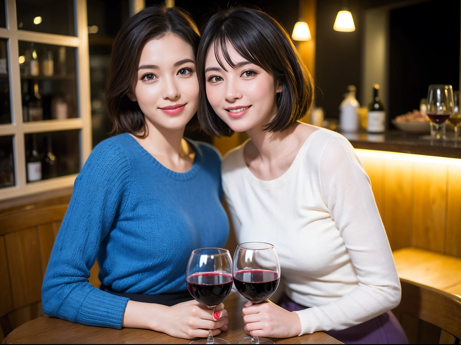 (64k uhd、nffsw、top-quality、masterpiece:1.2)、(realisitic、Photorealsitic:1.37)、ultra-detailliert、wine glasses、enjoying a glass of wine、a matural female、Two pretty women、(Slim Faces)、(Slim body)、(brawn hair)、(short-cut)、smiling french woman、happy italian girl、British woman、Americana、blush a little on the cheeks、(38 years)、42 year old、red wine、Beautiful detailed urban night view outside the window、resturant、Wine glasses in a prominent place、natta、(from waist up)、sitting on、date、(A smile:1.15)、Beautiful fine eyes、bustup、Cashmere sweater、long-sleeved dresses、japanes、(short-hair:1.2)、Float NovaFrogStyle、女優、modeled、from waist up、white wine、Slimed、wine glasses、Super beautiful night view、Put the wine glass in the middle、Happy smile、(8K、Raw photography、top-quality、masterpiece:1.2)、(realisitic、Photorealsitic:1.37)、ultra-detailliert、超A high resolution、2 females、see the beholder、beautifull detailed face、A smile、Constriction、(Slim waist) :1.3)、knit shirt、Beautiful detailed skin、Skin Texture、floated hair、profetional lighting、middlebreasts、eyes gentle