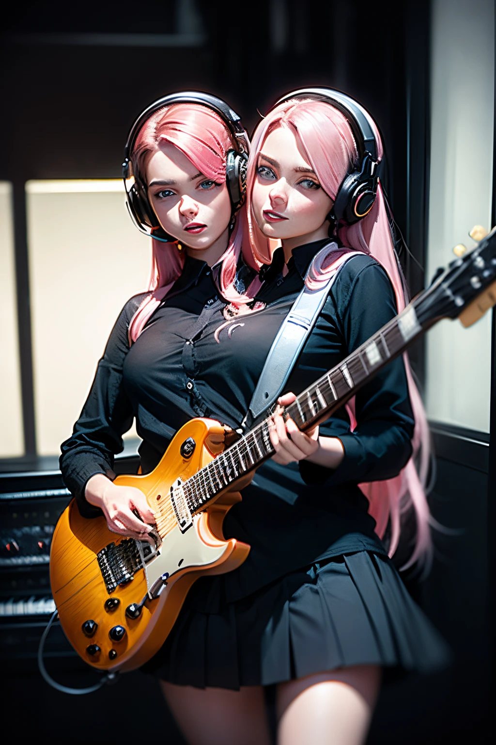 (masterpiece, best quality), best resolution, (2heads:1.5), (Two heads), 1girl, conjoined, solo, black skirt, blue eyes, electric guitar, guitar, headphones, holding, holding plectrum, instrument, long hair, , music, one side up, pink hair, playing guiter, pleated skirt, black shirt, indoors