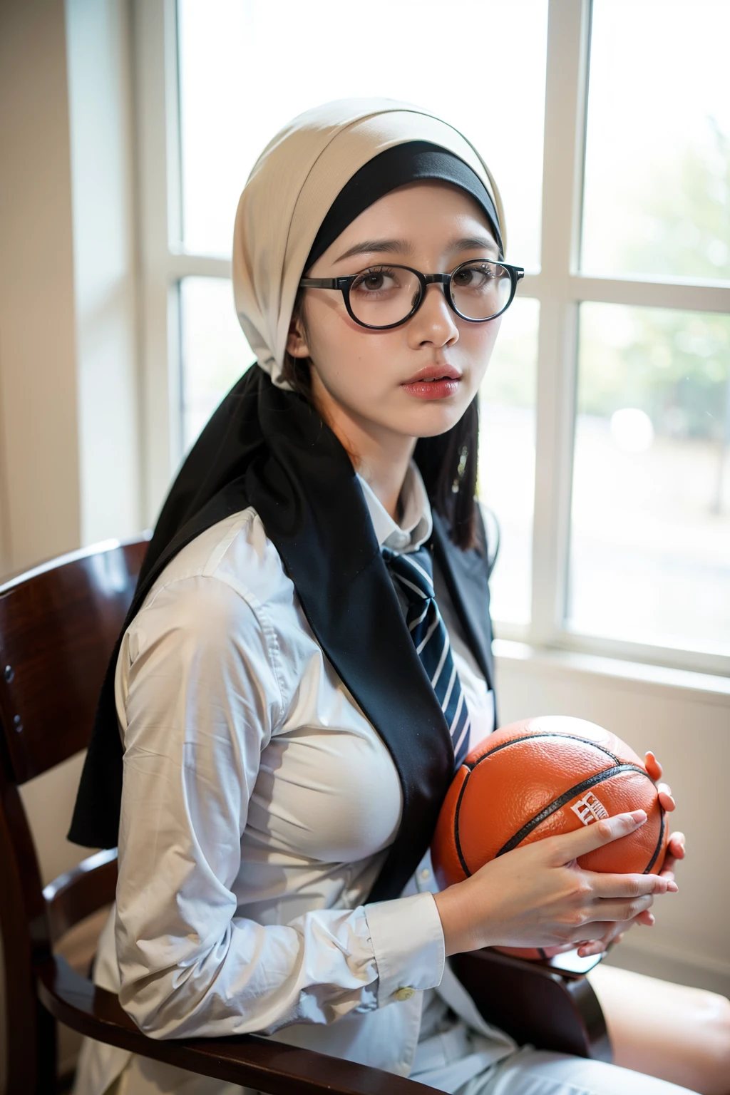 ((best quality)), ((masterpiece)), (detailed), perfect face, (surreal), (illustration), (high resolution), (8K), ((extremely detailed)), (best illustration),(((beautiful detailed round eyes))), (best quality), (super detailed), (masterpiece), (detailed face), solo, 1 girl, best quality, 1 girl, (big breastswearing Indonesian high school uniform, white shirt, blue tie. Wearing hijab, wearing dark glasses, sit down in the chair, holding a ball