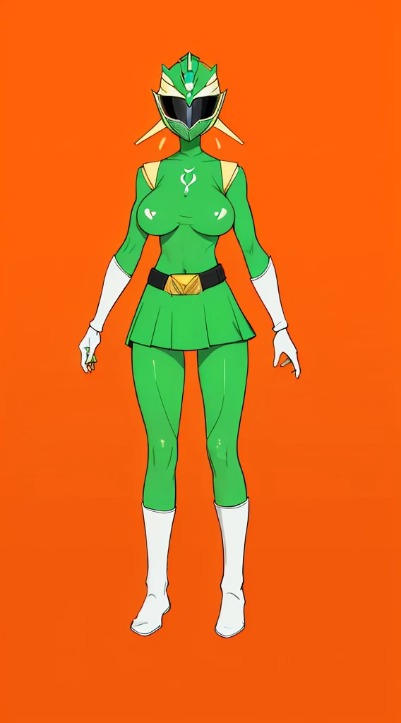 top-quality, Top image quality, masterpiece, character sheet, Full body, full of details, multiple poses, highly detailed, depth, many parts, one girl, solo, Standing, backgroun ruin temple, front view,body facing forward, power ranger, Ranger green, Headgear Helmet Green Power Ranger, no hair out, Green Mask cover face, Covering all face, mini skirt, big boob