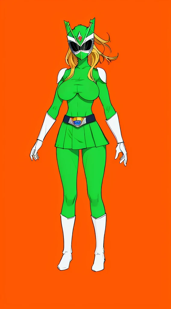 top-quality, Top image quality, masterpiece, character sheet, Full body, full of details, multiple poses, highly detailed, depth, many parts, one girl, solo, Standing, backgroun ruin temple, front view,body facing forward, power ranger, Ranger green, Headgear Helmet Green Power Ranger, no hair out, Green Mask cover face, Covering all face, mini skirt, big boob