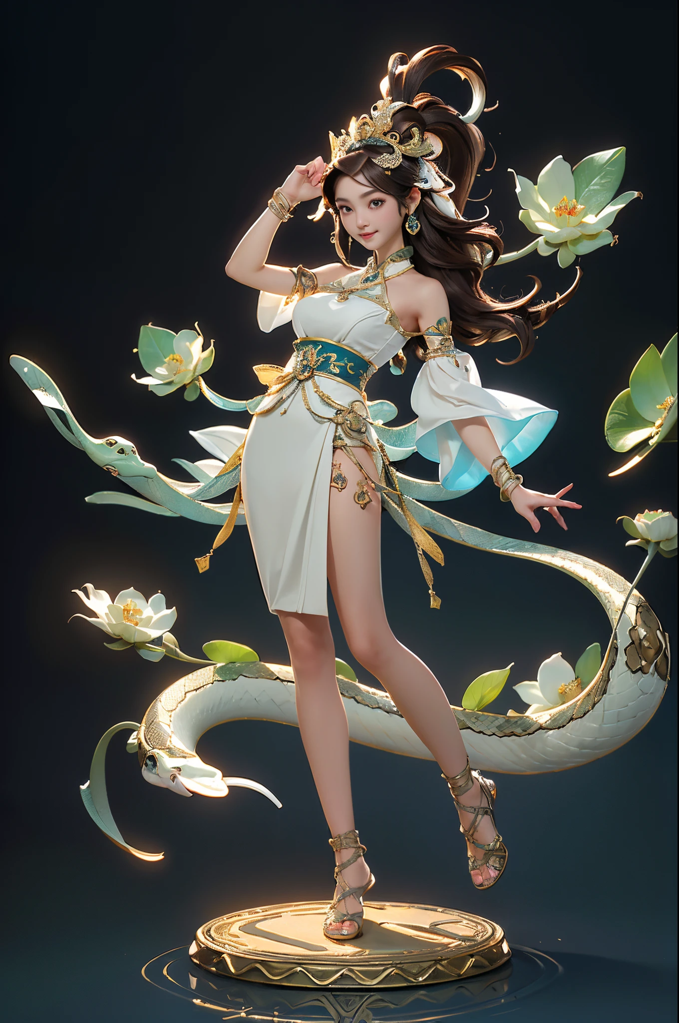 ((Sculpture design)),((full body portrait of person)),((undying)),((tmasterpiece)),(entire body image:1.6,fully body photo:1.6,From the feet to the top of the head:1.6),【Create a LOGO based on:femele(Nu wa),(Human snake tail goddess:1.5),(The lower body is a snake-shaped tail:1.6),(Chinese mythology),(Goddess Fan),(jessicaalba:1.4),(gentleness),(motherly),(mature),(Perfect woman),(Brown hair long:1.4),big earrings,graceful stance,Dunhuang clothes,Dunhuang skirt,((Delicate and intricate headdress)),((symbol of god)),Great Wilderness East Meridian:0.4】,((tangled,datura,Tangles,entangled)),(Computer graphic arts:1.4), (s fractal art: 1.3),(( Best quality,32K,Highest resolution,hyper HD,)), (( Professional Quality,Perfect photography, Ray traching, perfect volumetric lighting, High quality octane rendering, High quality vectors)), ((Complicated details,hyper-detailing:1.2,Complicated details:1.2)), ((ultra real photo,フォトリアリスティック,3 Rendering)),((epic image)),(Blind box toy style:1.5),((simple backgound,Deep dark background:1.2,with black background)),Detailed faces, 詳細な目,Clean the skin,(correct hand:1.6),(Complete and beautiful five fingers:1.6),(anatomically correct limbs:1.5),(Anatomically correct perspective and occlusion:1.5),(Correct anatomy:1.5),(Add a base:1.6),(Create a logo according to the:1.6),((Create a logo according to the:water element and earth element)),((Less skin exposure)),