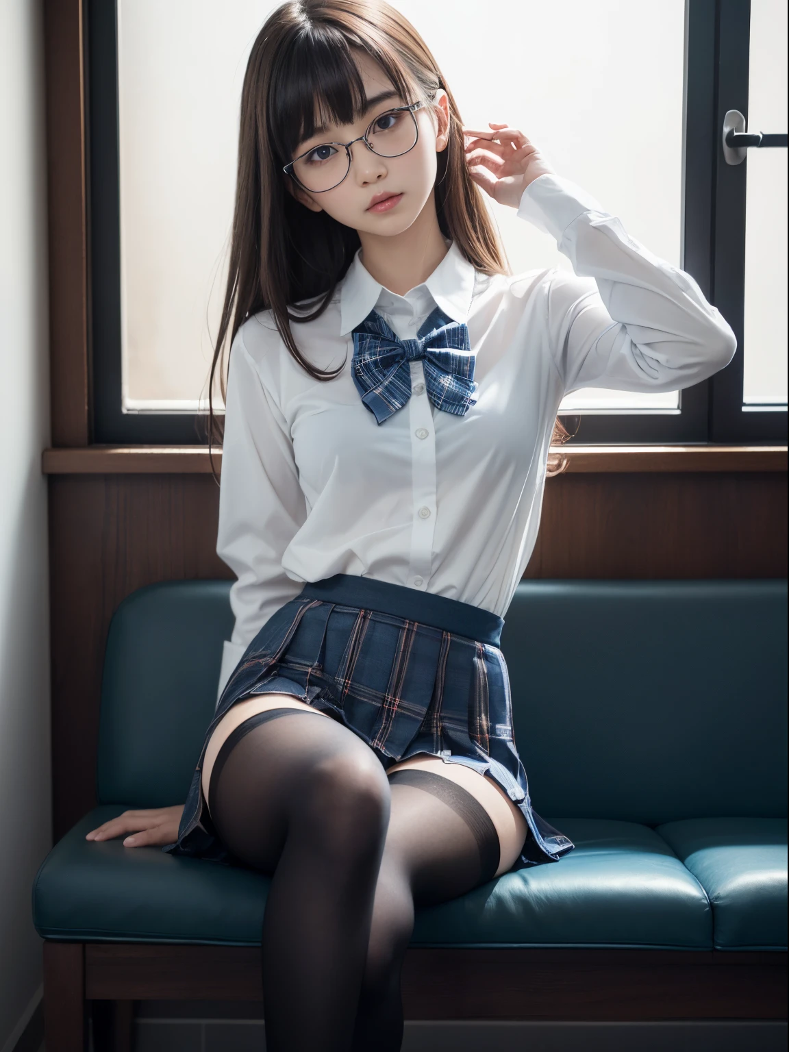 (Underwear is visible)、((Narrow-eyed))、((Narrow-eyed))、((Narrow-eyed))、(8K、Raw photography、top-quality、masterpiece:1.2),、Has a small、(flat breast)、(flat breast)、(flat breast)、(flat breast)、(flat breast)、(being thin)、light skinned、skin whitening、Dark look、Rasping,glamor,Chromo-white skin,cocky,School,watching at viewers,Looking at the front,Muchimuchi,High-pitched clothing,Erotic,Pupils,de pele branca,kne,((Black pantyhose)),absurderes,a small face,,Forehead visible,Bangs hanging from the left and right sides of the forehead,(a cold expression,Tight eyes,glares,Bullish,irate)、masterpiece,top-quality、超A high resolution,Raw photo,ren,Beautiful fece,One Person, 独奏,eye glass,,Dark look,Small breasts,fullllbody,Round glasses,JK school uniform,hi-school girl,A Japanese Lady,is standing,(Photorealsitic:1.37)、Photon mapping,Realistic、Beautie,Cute little face,Brown-eyed、Black socks、(Red bow tie)、Radio City、Physically Based Rendering、depth of fields、Blurry background、a picture,Body,beauty legs, Long legs, Thin leg,(Bangs are visible), hair, s lips, Blue_The eye, nosesoft,(Light blue shirt), (Navy and blue and white plaid pleated skirt), Knees are visible,Sheer clothing,, Thigh, Black cotton socks,Nogizaka Idol, 女優, Japanese ido
