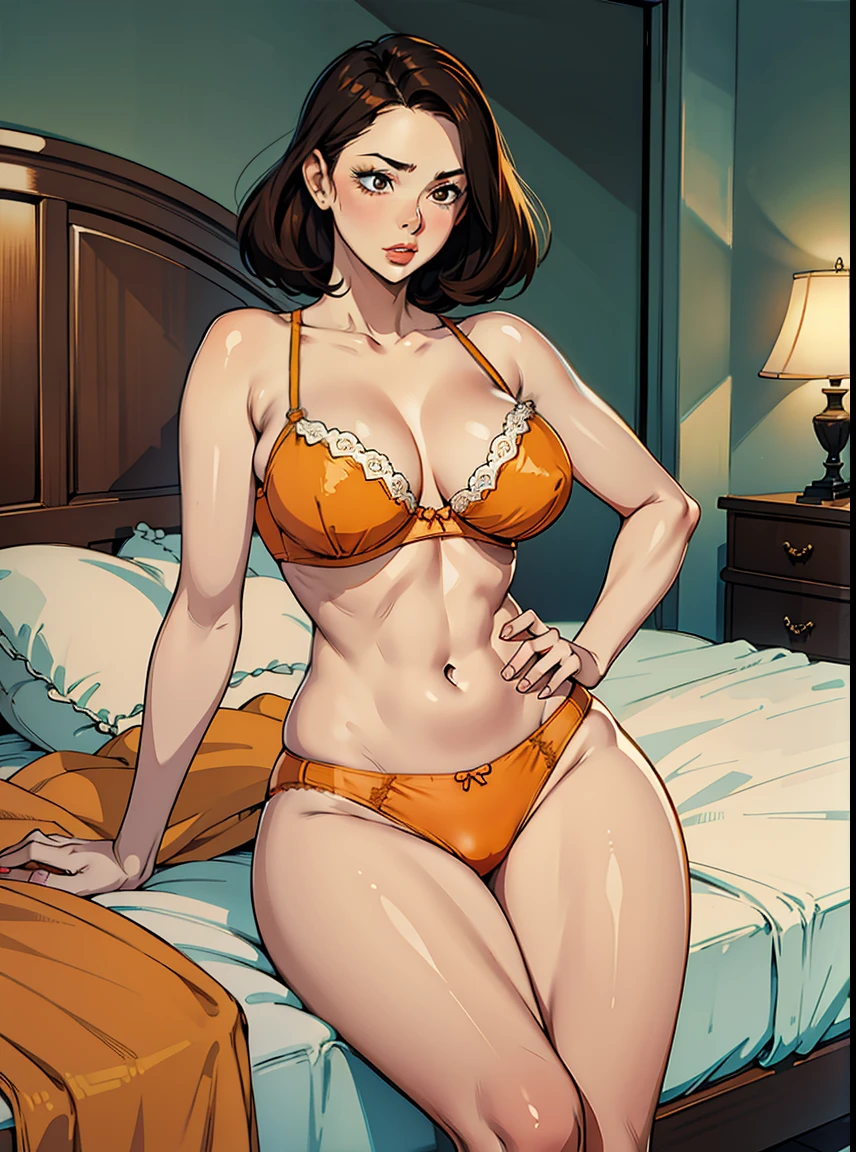 A beautiful slim woman, 1woman, orange bra, orange panties, brown stockings, perfect figure, elegant posture, retro gorgeous bed, retro exquisite bedroom, fair skin, slim thighs