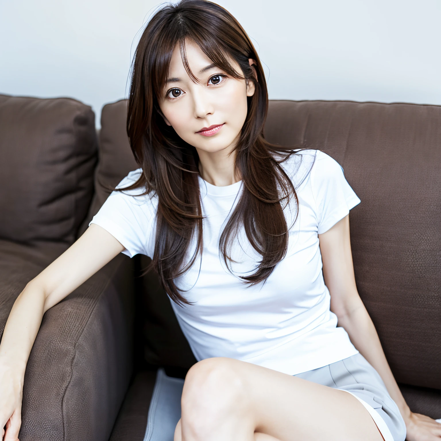 (Detailed photo, High resolution, sharp image, detailed face, detailed eyes), 40 years old, Shy Japanese, cute face, skinny figure, very slender waist, long wavy hair, a white T-shirt, a short skirt, sitting on a sofa