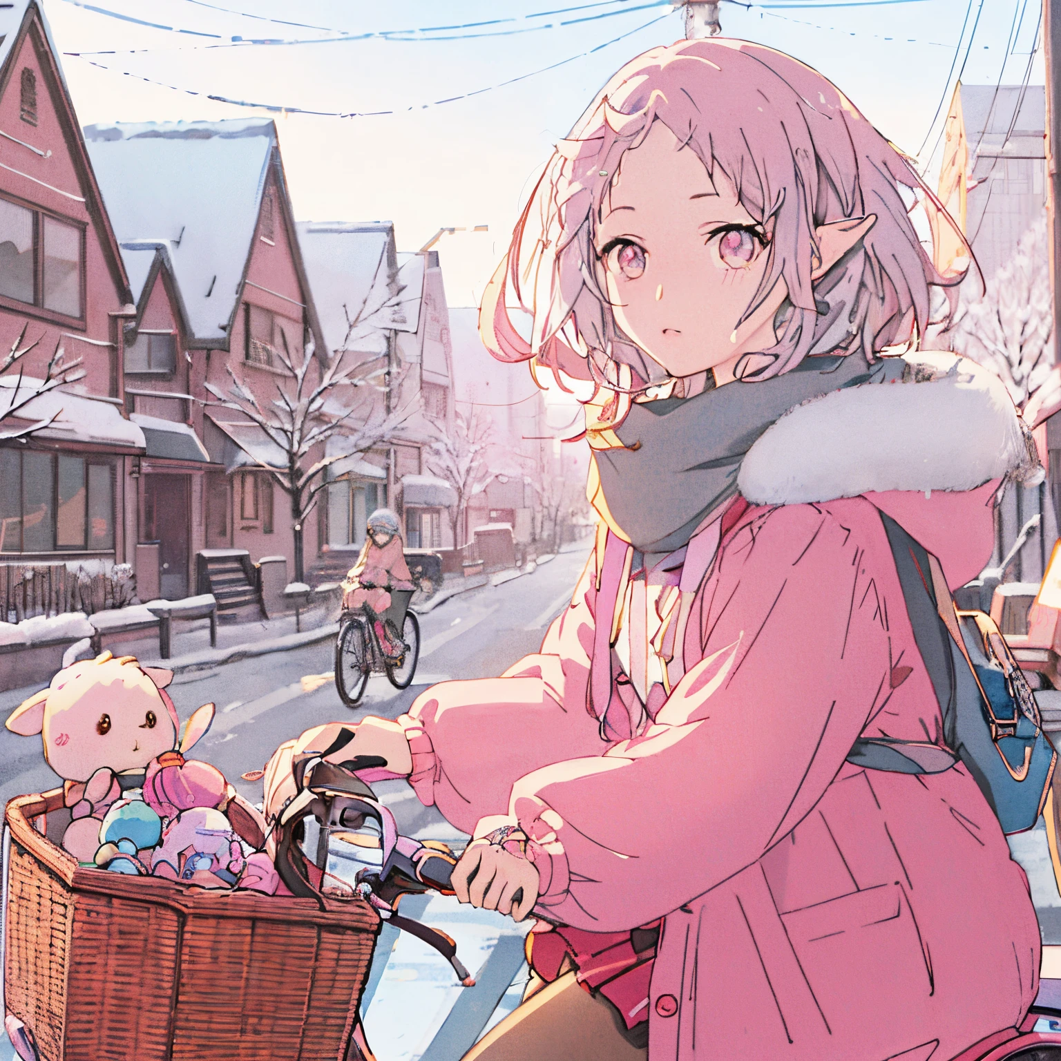 Anime girl riding a bicycle with a basket of toys on the back, Anime visuals of cute girls, artwork in the style of guweiz, kawaii realistic portrait, guweiz, Cute anime girl, lofi-girl, soft anime illustration, anime aesthetic, guweiz on pixiv artstation, Heavy winter aesthetics, beautiful anime art style, cute kawaii girl