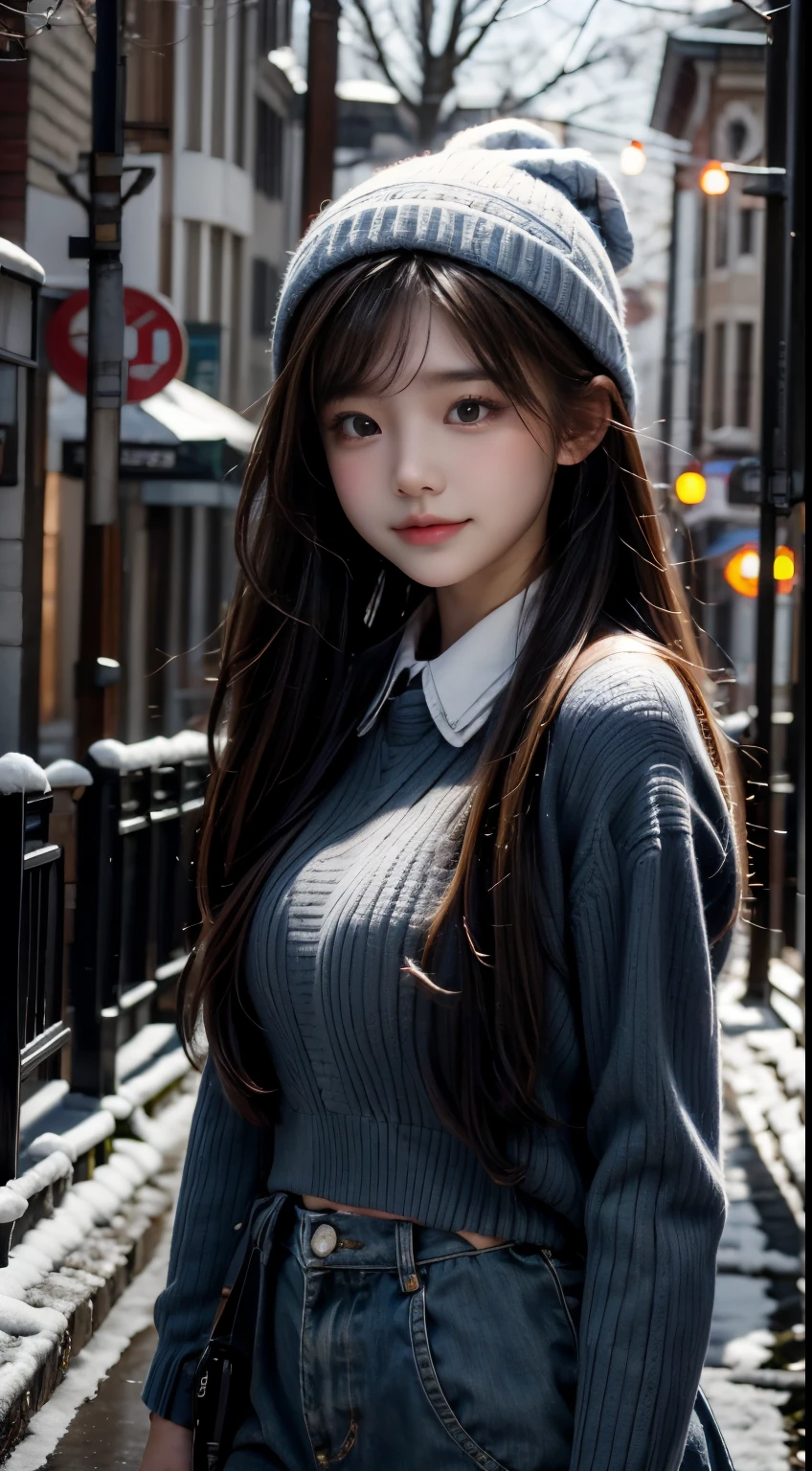 girls, Bust photo, streetview, snowing.
