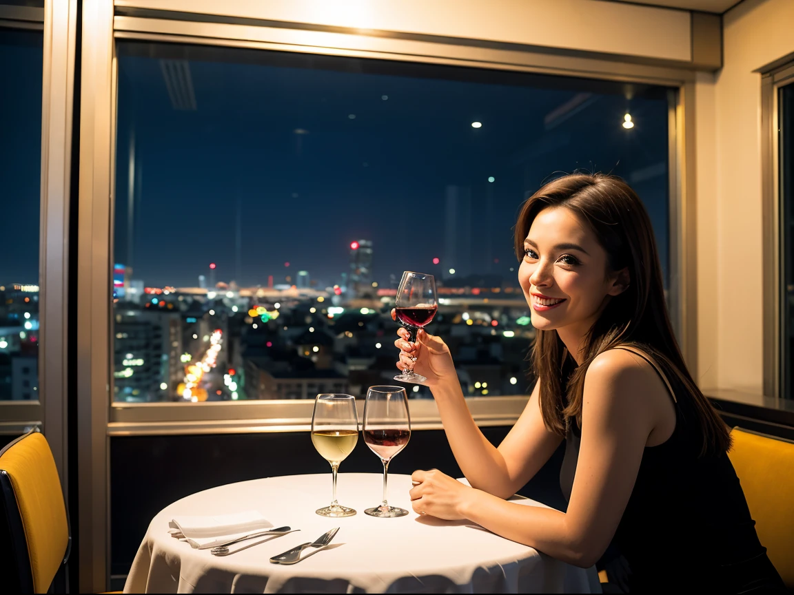 (64K, UHD, top quality, masterpiece: 1.2), (realistic, photorealistic: 1.37), super detailed, pretty woman 1, (slim face), (slim body), (brown hair), (short cut), cheeks slightly blushing, (40 years old), 38 years old, solo, beautiful detailed urban night view outside the window, restaurant, wine glass sitting, at night, in a prominent place (from the waist up) NovaFrogStyle, Actress, Model, Waist Up, White Wine, Slim, Wine Glass, Super Clean Night View, Wine Glass Put in the Middle, Happy Smile, (Smile: 1.15), Beautiful Fine Eyes, Upper Body, Bust Japan Up, Night, Short, Short, Actress, Model, Waist Up, White Wine, Slim, Wine Glass, Super Clean Night View, Wine Glass Put in the Middle, Happy Smile,