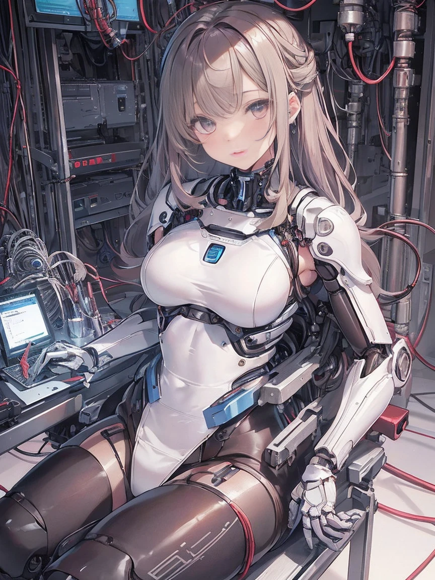 nsfw, (((masterpiece)))、(((top-quality)))、((ultra-definition))、(Highly detailed CG illustrations)、((extremely delicate and beautiful))、(Delicate and Pretty Face)、ciinematic light、((1 Mechanical Girl))、独奏、full body Esbian、(Highest quality illustrations:1.2), (Kawaii Girl:1.1), (1girl in, 独奏:1.5), (1girl in、18year old、beutiful breast:1.5、ultradetailed eyes:1.2)、(Beautiful breasts:1.1)、cyborgs、Machine body、front facing、White Cybersuit、tight fitted、A dark-haired、Brown hair、silber hair、a blond、Blue-haired、blue eyess、Brown-eyed、red eyes、(Mechanical joint:1.4)、((Limbs of the machine))、(blood vessels connected to tubes)、((Vertebrae of a machine attached to the back))、((Mechanical cervical spine)Attached to the neck))、((Sitting on a chair on a machine))、deadpan、(Wires and cables attached to the head and body:1.5)、(charactor focus)、nffsw、Under maintenance、Touching the whole body with a mechanical arm