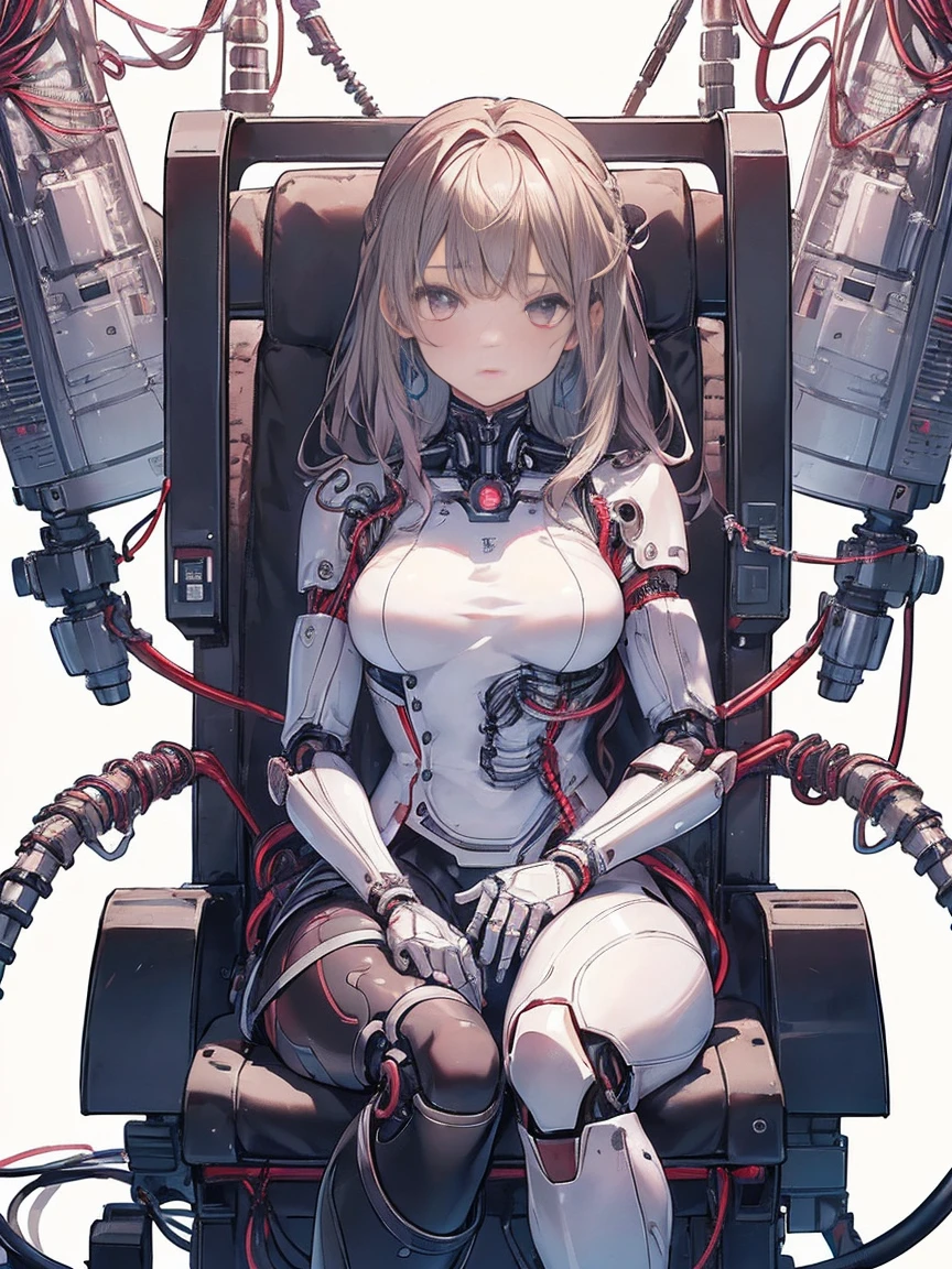 nsfw, (((masterpiece)))、(((top-quality)))、((ultra-definition))、(Highly detailed CG illustrations)、((extremely delicate and beautiful))、(Delicate and Pretty Face)、ciinematic light、((1 Mechanical Girl))、独奏、full body Esbian、(Highest quality illustrations:1.2), (Kawaii Girl:1.1), (1girl in, 独奏:1.5), (1girl in、18year old、beutiful breast:1.5、ultradetailed eyes:1.2)、(Beautiful breasts:1.1)、cyborgs、Machine body、front facing、White Cybersuit、tight fitted、A dark-haired、Brown hair、silber hair、a blond、Blue-haired、blue eyess、Brown-eyed、red eyes、(Mechanical joint:1.4)、((Limbs of the machine))、(blood vessels connected to tubes)、((Vertebrae of a machine attached to the back))、((Mechanical cervical spine)Attached to the neck))、((Sitting on a chair on a machine))、deadpan、(Wires and cables attached to the head and body:1.5)、(charactor focus)、nffsw、Under maintenance、Touching the whole body with a mechanical arm