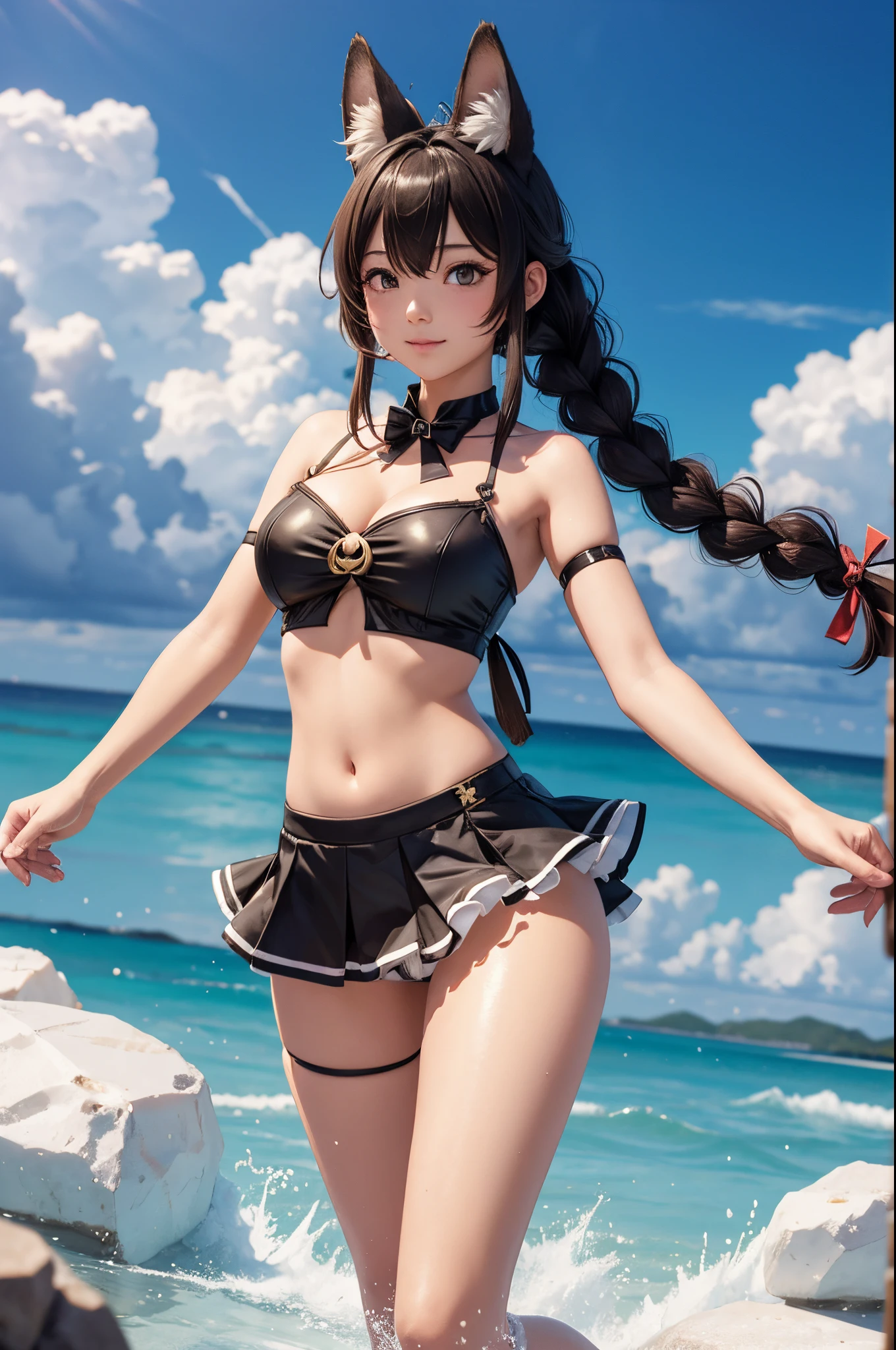 (AS-Youngv2:1), (high quality, best quality), masterpiece, navel, virtual youtuber, hakui koyori, animal ear fluff, fox ears, ahoge, braid, full body,