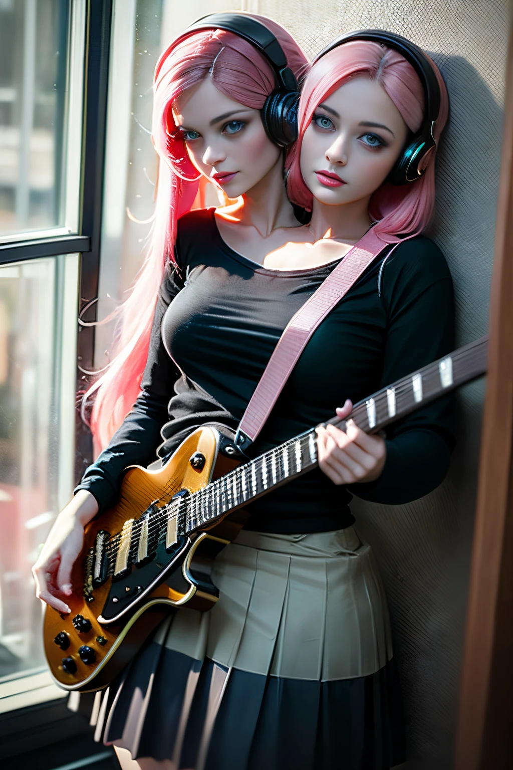 (masterpiece, best quality), best resolution, (2heads:1.5), (Two heads), 1girl, conjoined, solo, black skirt, blue eyes, electric guitar, guitar, headphones, holding, holding plectrum, instrument, long hair, , music, one side up, pink hair, playing guiter, pleated skirt, black shirt, indoors