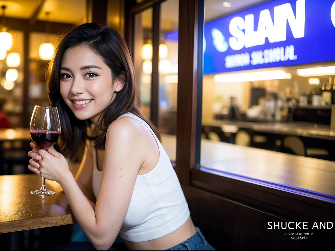 (64K, UHD, top quality, masterpiece: 1.2), (realistic, photorealistic: 1.37), super detailed, pretty woman 1, (slim face), (slim body), (brown hair), (short cut), cheeks slightly blushing, (40 years old), 38 years old, solo, beautiful detailed urban night view outside the window, restaurant, wine glass sitting, at night, in a prominent place (from the waist up) NovaFrogStyle, Actress, Model, Waist Up, White Wine, Slim, Wine Glass, Super Clean Night View, Wine Glass Put in the Middle, Happy Smile, (Smile: 1.15), Beautiful Fine Eyes, Upper Body, Bust Japan Up, Night, Short, Short, Actress, Model, Waist Up, White Wine, Slim, Wine Glass, Super Clean Night View, Wine Glass Put in the Middle, Happy Smile,