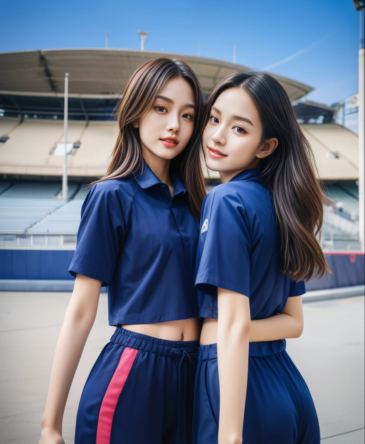 (bestquality,10,10,highres,masterpiece:1.2),ultra-detail,(Realistic,photorealistic portrait,photo-realistic:1.37),1 Cute girl in the football field,oily shiny skin,bara,light smile,BDclothes,((blue shirt:1.3)),short sleeves,shirt, trousers.,(navy_long_Pants Track:1.1), ((Stadium Background:1.3)),dynamic angle,excited,face focus,Dynamic Poses,from behide,Ass Focus,masterpiece, bestquality, ultra realistic, hyper-detail, 8k resolution, RAW photo, crisp focus, ((Navy blue shirt:1.1)), short sleeves, Long Path, Perfect body, 2 mature women, 18yo, cinematic light,Blue sweatpants,Gymware,Correct anatomy,Complete body, Correct body, sharp face, Anatomically correct body, full entire body, Realistic gestures, long-haired, Realistic poses,Wear long shorts............................,Long leg span,Shapely,Sculpting Girl, Slender Figure, mannequin mannequins, Shapely, Beautiful body,Blue sweatpants, Two girls kissing