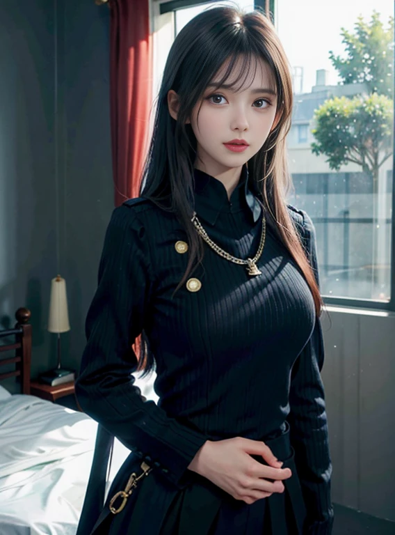 (((solo person))),(((A slender and beautiful gravure idol wearing a black Santa hat and stiletto heels seductively poses by the window on the top floor of a hotel with a beautiful night view.))),(((Royals Astepiece:1.6))),(((ulzzang-6500))),(((perfect anatomia))),(((Deep depth of field with Hasselblad))),(((beautiful waistline))),masterpiece,top-quality,超A high resolution,High detailed full body portrait,(photographrealistic:1.4),(((High nose and chiseled beautiful face))),(((Long limbs like a model))),Fair skin is dazzling,(((Black high neck front zip miniskirt one-piece dress))),Tilt your head, raise the corners of your mouth and smile happily.,((Take a full-body photo from a very low position behind you.)),20yr old,cute little,long and shiny chestnut hair,((豊満なGカップバストとbeautiful waistline),(Close your mouth and smile happily),A detailed eye,(( Gravure photography)),((Knees aligned)),Cute big eyes and long eyelashes,Distinct double eyelids,((shiny thick lips)),(((perfect anatomia))),