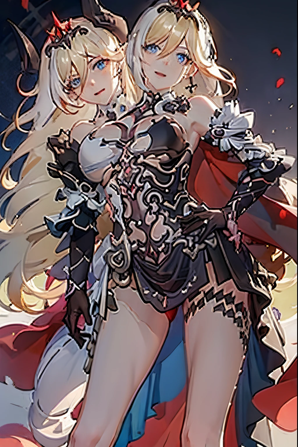 (masterpiece, best quality), best resolution, (2heads:1.5), 1girl, clear outline, armor, bangs, breasts, cape, cape lift, earrings, gloves, hand on hip, headband, jewelry, long hair, looking at viewer, open mouth, shoulder armor, smile