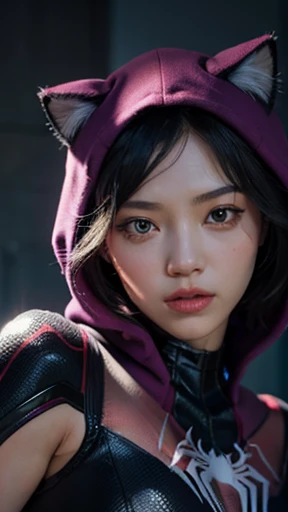 (gyeongsan:1.5), close up, masterpiece, best quality, raw photo, photorealistic, face, incredibly absurdres, beautiful girl, cute, short hair, depth of field, highres, ultra-detailed, finely detail, extremely detailed, extremely detailed eyes and face, sharp pupils, realistic pupils, sharp focus, ccinematic lighting spider - man and the sinister spider - woman, spider - gwen, spider-gwen, ( ( spiderwoman ) ), spider woman, spiderverse, spider - verse art style, gwen stacy, textless, spider gwen, miles morales, into the spider verse, into the spiderverse, artgerm and ilya kuvshinov, marvelous, spiderwoman!!A girl with long black hair that wavy on the bottom, wearing a purple and black spiderman outfit with a purple hoodie with cat ears / 8k