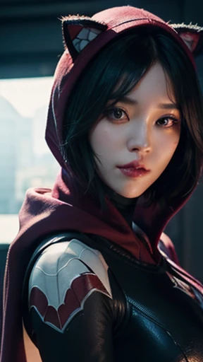 (gyeongsan:1.5), close up, masterpiece, best quality, raw photo, photorealistic, face, incredibly absurdres, beautiful girl, cute, short hair, depth of field, highres, ultra-detailed, finely detail, extremely detailed, extremely detailed eyes and face, sharp pupils, realistic pupils, sharp focus, ccinematic lighting spider - man and the sinister spider - woman, spider - gwen, spider-gwen, ( ( spiderwoman ) ), spider woman, spiderverse, spider - verse art style, gwen stacy, textless, spider gwen, miles morales, into the spider verse, into the spiderverse, artgerm and ilya kuvshinov, marvelous, spiderwoman!!A girl with long black hair that wavy on the bottom, wearing a purple and black spiderman outfit with a purple hoodie with cat ears / 8k