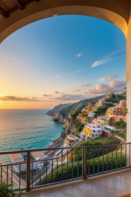 (sunset,Amalfi Coast,Italy),vivid colors,portraits,landscape,romantic lighting,seaside,luxurious yachts,tranquil atmosphere,colorful sky,warm sunlight,sparkling ocean view,coastal cliffs,fishing boats,unforgettable memories,vibrant orange hues,gentle waves,lush vegetation,mediterranean charm,serene coastal town,cozy cafes,beautiful architecture,refreshing sea breeze,scenic beauty,majestic mountains,oceanfront villas,stunning panorama,textured brushstrokes,impressionistic details.