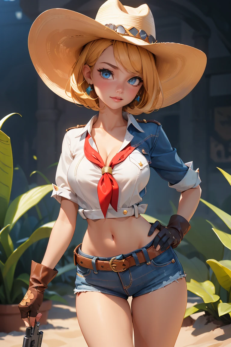 (((((solo))))),(((((masterpiece))))), (((((best quality))))),(((((highly detailed))))), finely detailed, Depth of field, crisp detail, detailed clothes, highres,
1girl, bangs, (beautiful detailed face:1.3), collarbone, collared shirt, ((white shirt)), shirt half open, buttons undone, no bra, several buttons open to show cleavage, show belly, blue eyes, blonde hair, cleavage, ((cowboy)), (cowboy hat:1.3), short gloves. fingerless gloves, hat, medium breasts, navel, neckerchief, red neckerchief, short hair, short shorts, low-rise daisy dukes, healthy thighs, gun belt ,cowboy western, sunny desert background, thigh gap