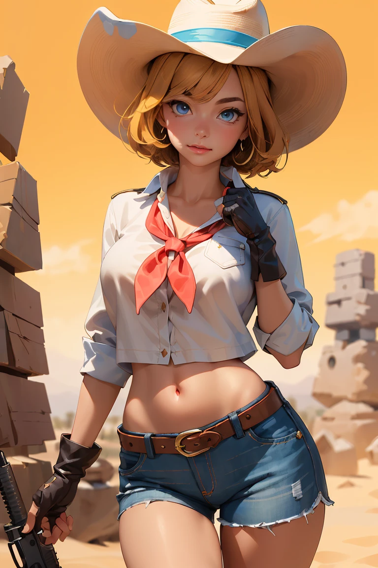 (((((solo))))),(((((masterpiece))))), (((((best quality))))),(((((highly detailed))))), finely detailed, Depth of field, crisp detail, detailed clothes, highres,
1girl, bangs, (beautiful detailed face:1.3), collarbone, collared shirt, ((white shirt)), shirt half open, buttons undone, no bra, several buttons open to show cleavage, show belly, blue eyes, blonde hair, cleavage, ((cowboy)), (cowboy hat:1.3), short gloves. fingerless gloves, hat, medium breasts, navel, neckerchief, red neckerchief, short hair, short shorts, low-rise daisy dukes, healthy thighs, gun belt ,cowboy western, sunny desert background, thigh gap