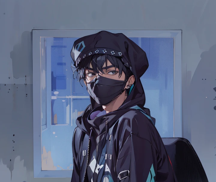 ((best quality)), ((masterpiece)), (detailed), perfect face, 1boy, solo, handsome, black hoodie, black hair, looking at viewer, portrait, talking to viewer, student, ninja style