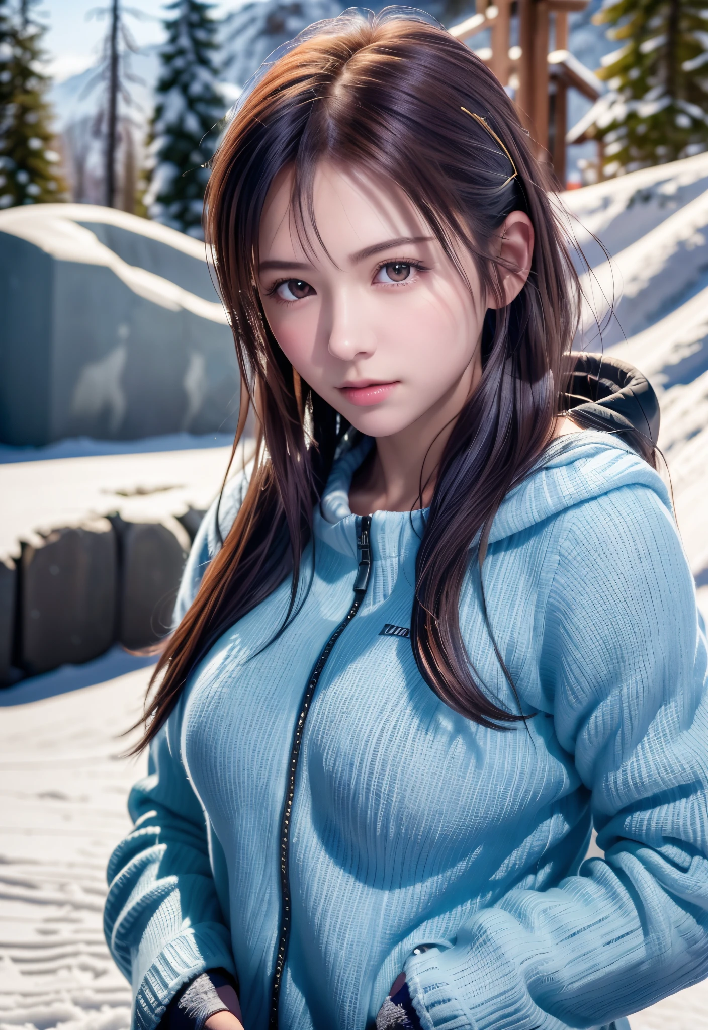 8K, of the highest quality, masutepiece:1.2), (Realistic, Photorealsitic:1.37), of the highest quality, masutepiece, Beautiful young woman, Pensive expression,、A charming、and an inviting look, skiing、snowboarder、Ski Wear, Hair tied back, Cinematic background, Light skin tone、Ski Resort Background