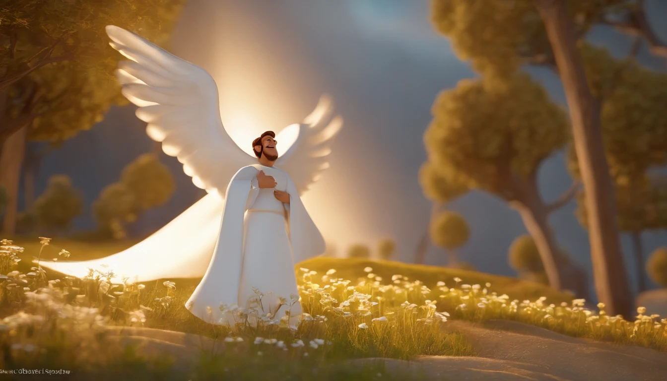 Pixar, a big angel of God standing like the bible time, dressed in white overall, a very beautiful background, barnet, tone, Pixar Style, ..3d, cartoon, detailed face, asymmetrical 16k, high quality, clean, smooth face, no deformed body parts.