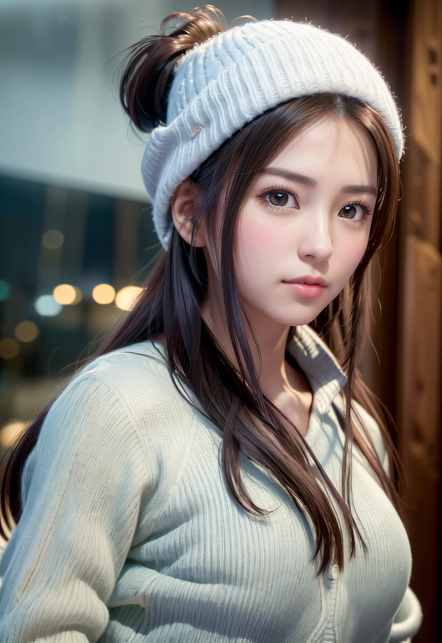 8K, of the highest quality, masutepiece:1.2), (Realistic, Photorealsitic:1.37), of the highest quality, masutepiece, Beautiful young woman, Pensive expression,、A charming、and an inviting look, skiing、snowboarder、Ski Wear, Hair tied back, Cinematic background, Light skin tone、Ski Resort Background