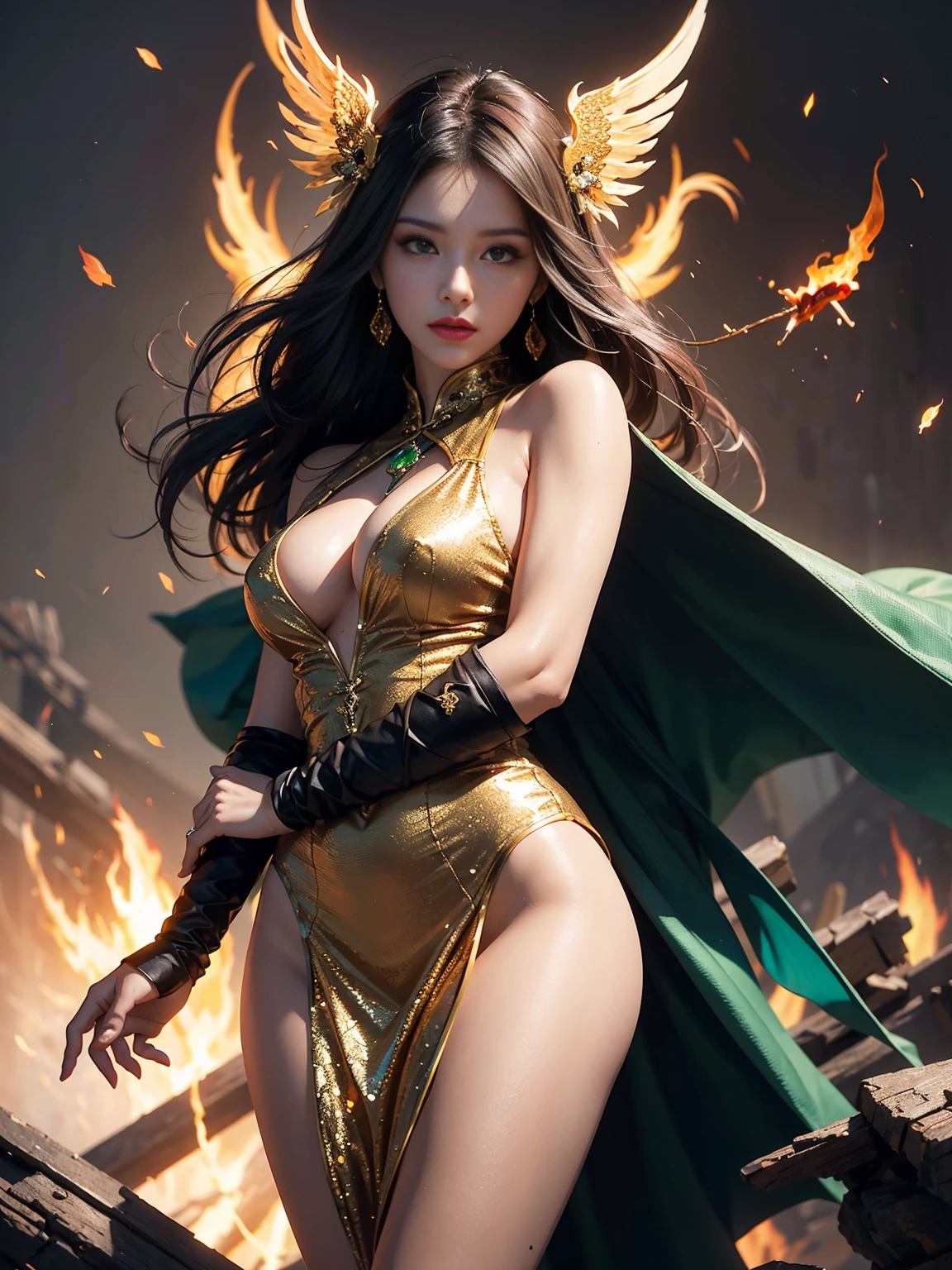 Unbeatable masterpiece, Ultra photo realism, Perfect artwork, Intricate details, Best quality, Strong warm light, 1girll , long flowing hair, medium breast, very sexy, low v cut, deep cleavage, beautiful face, high detailed face, beautiful eyes, fierce look, Become a Chinese phoenix , Metamorphosis , The moment of transformation towards perfection ,Gold dress, Emeralds and ruby , sleeveless, black cape, Super detail , Bokeh photography , (soft focus):1.2 , Out-of-focus highlights ,Fantastical Atmosphere , (swirling fire magic in background), Blur background,