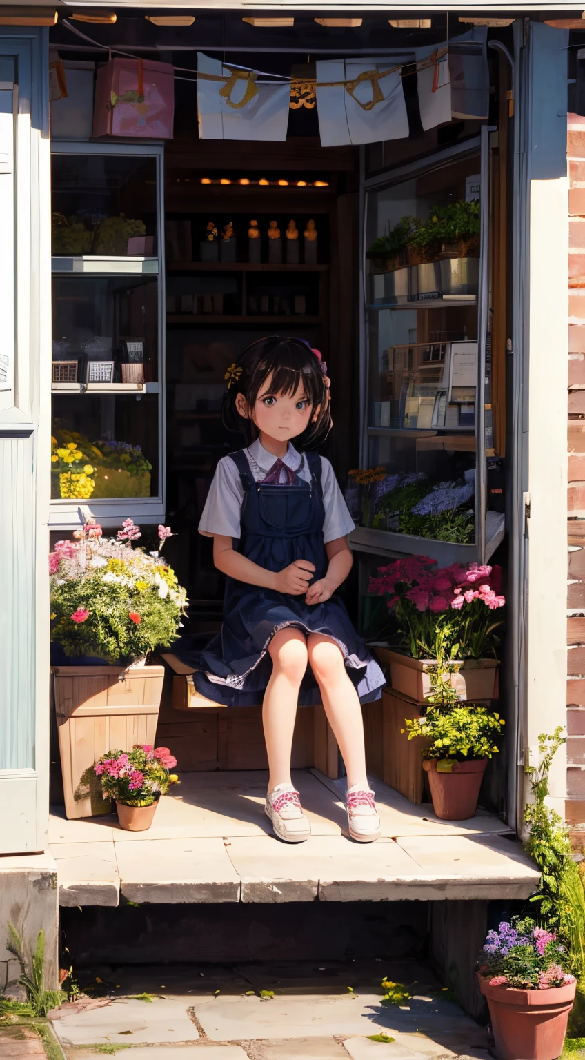 A sitting at the corner of the flower shop talking with her father