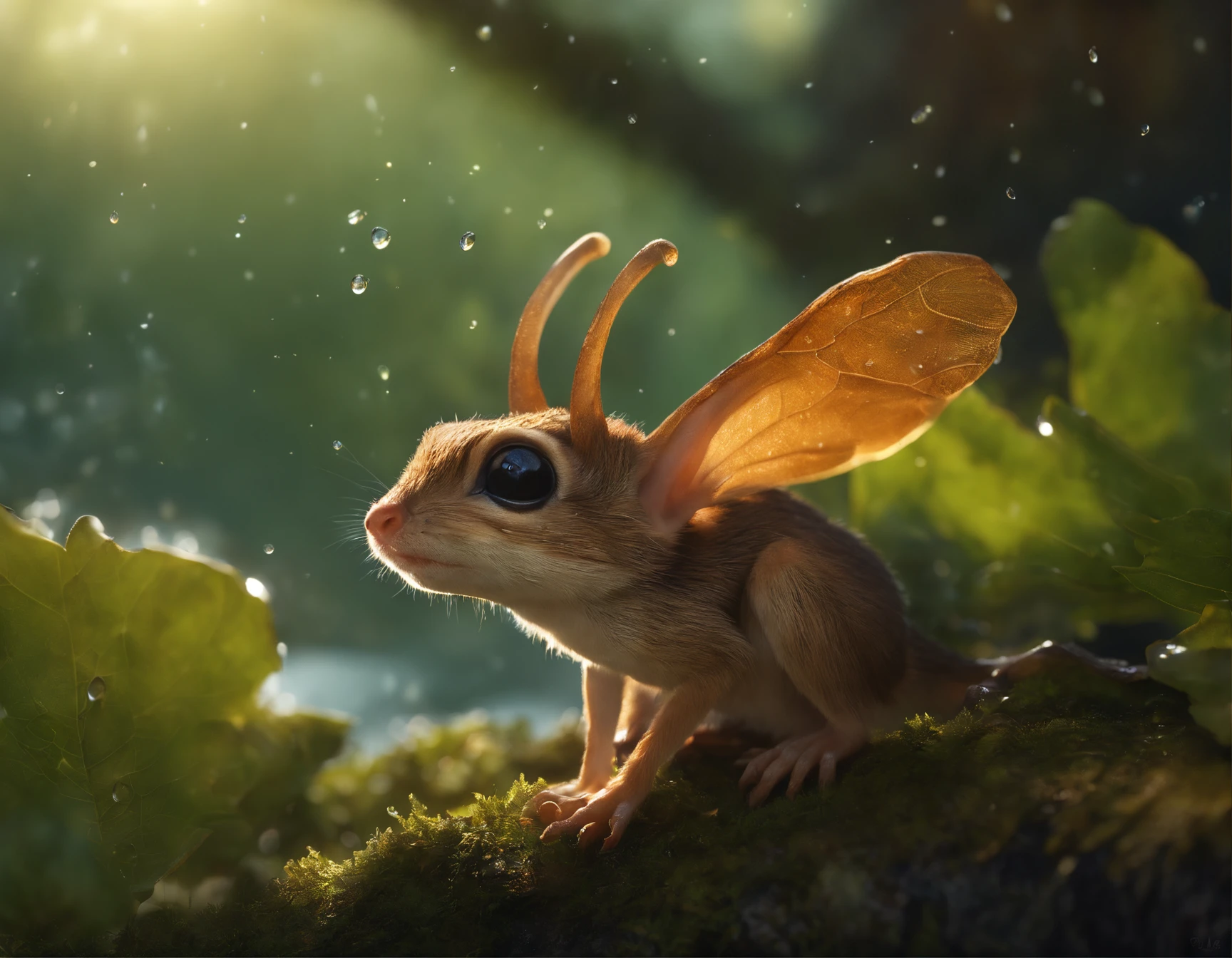 真实感, Realism, Close up of cute tiny fireflies around a huge oak tree, Morning lighting, dew, illuminate the bush, a detailed painting, cgsociety, Detailed painting, artstation hd, high detail, cgsociety, photo realism, Concept art, artstation hd, official arts, bokeh ,真实感, Realism, Cute alien creatures, look like gremlins,Tiny creatures, big eyes, large ears, acorn hat on head, stands under the crown of an oak tree by the water, touches water with fingers, Raindrops, Sverchkov, there are acorns in the clearing,